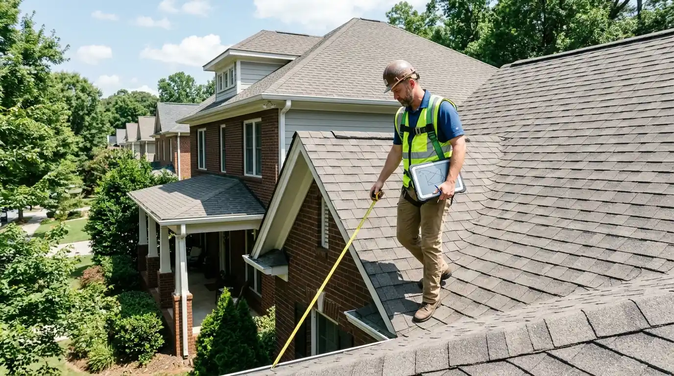 Estimator measuring a shingle roof on an Atlanta home