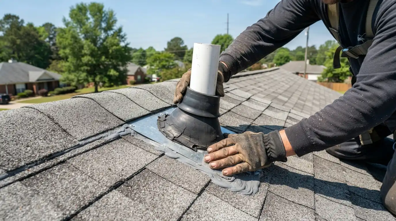 Cracked pipe boot being replaced on an asphalt shingle roof in Atlanta