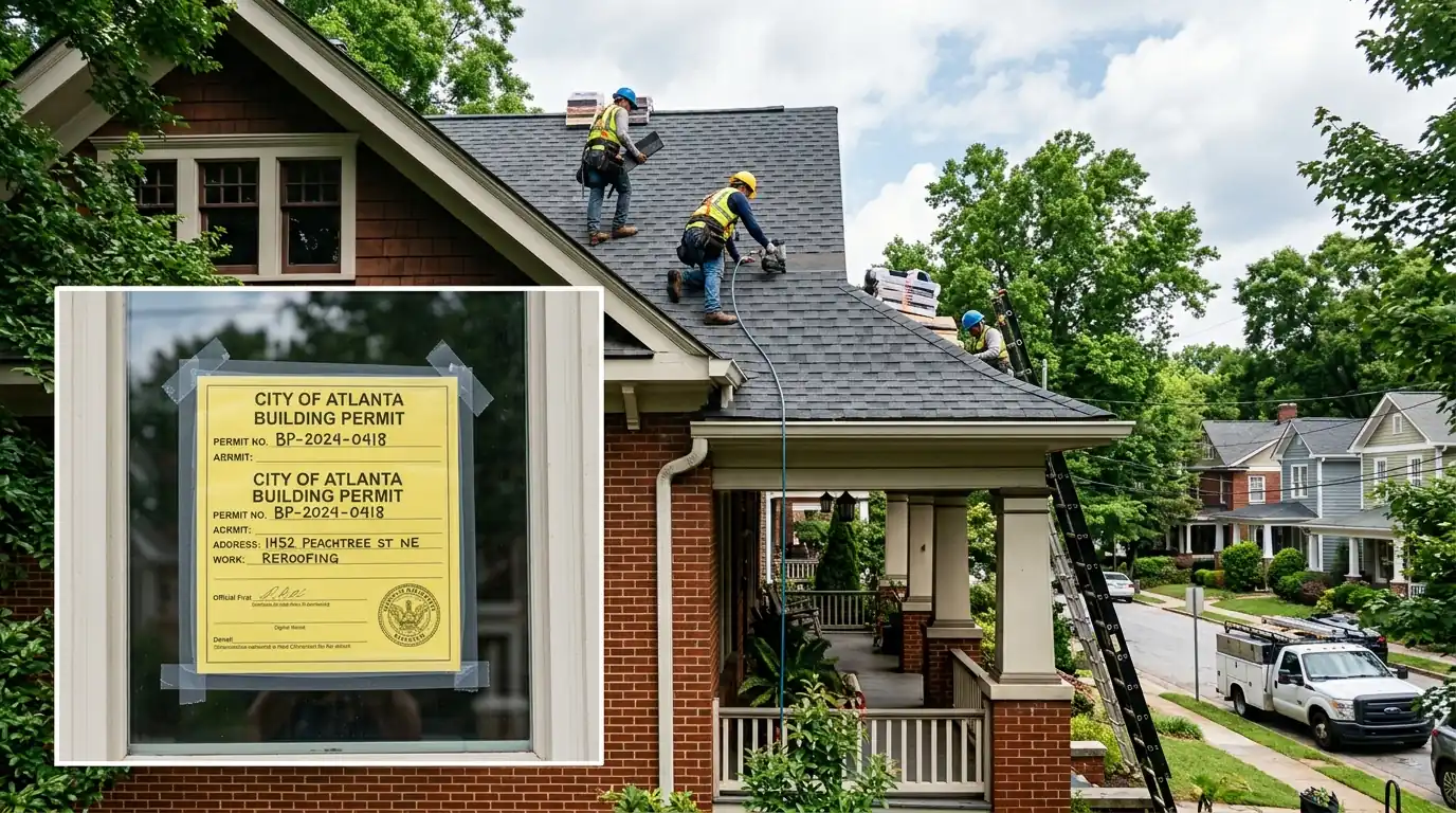 Building permit placard in the window of a house being re-roofed