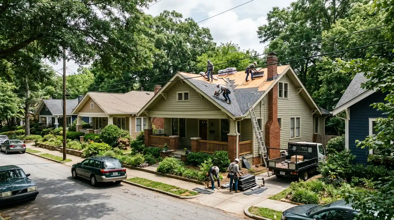 Crew re-roofing a bungalow on a tree-lined intown Atlanta street