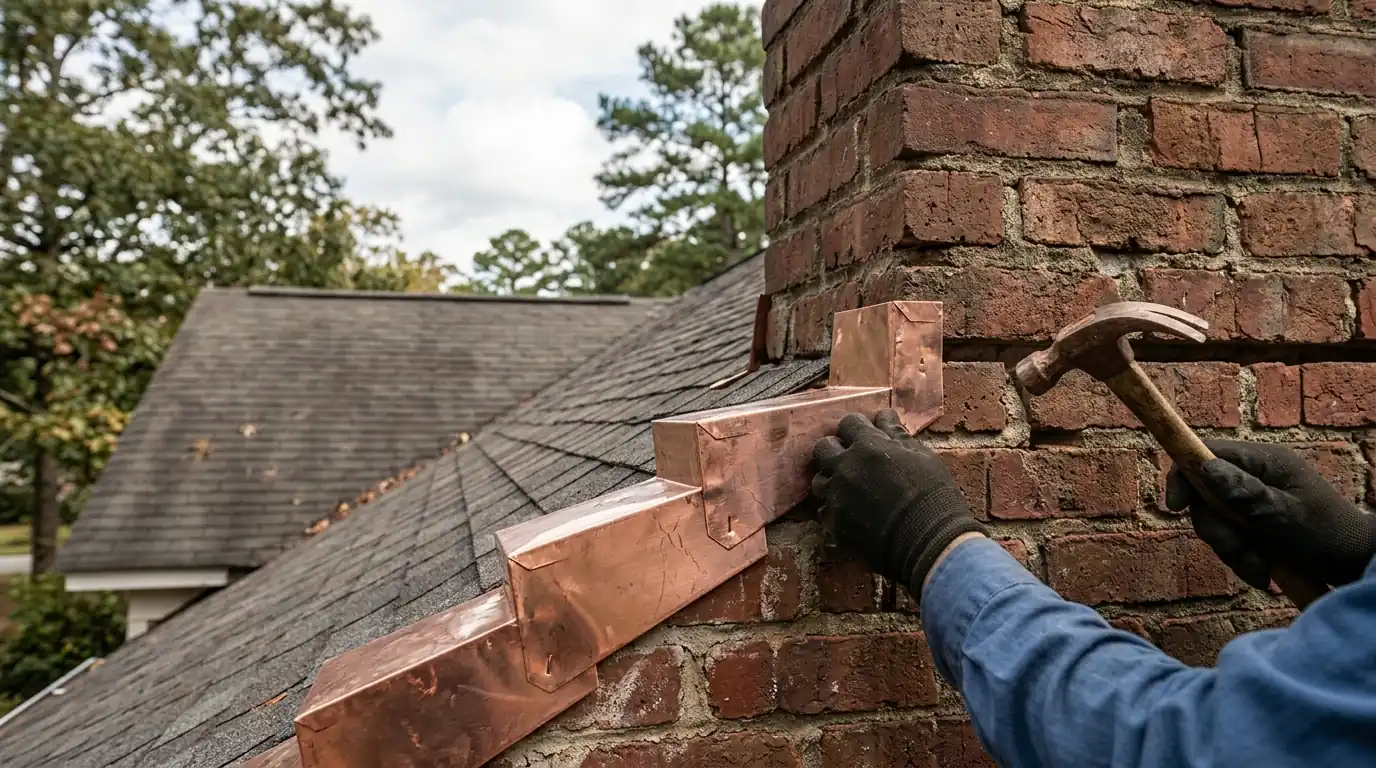 Copper step flashing fitted against a brick chimney on a bungalow roof