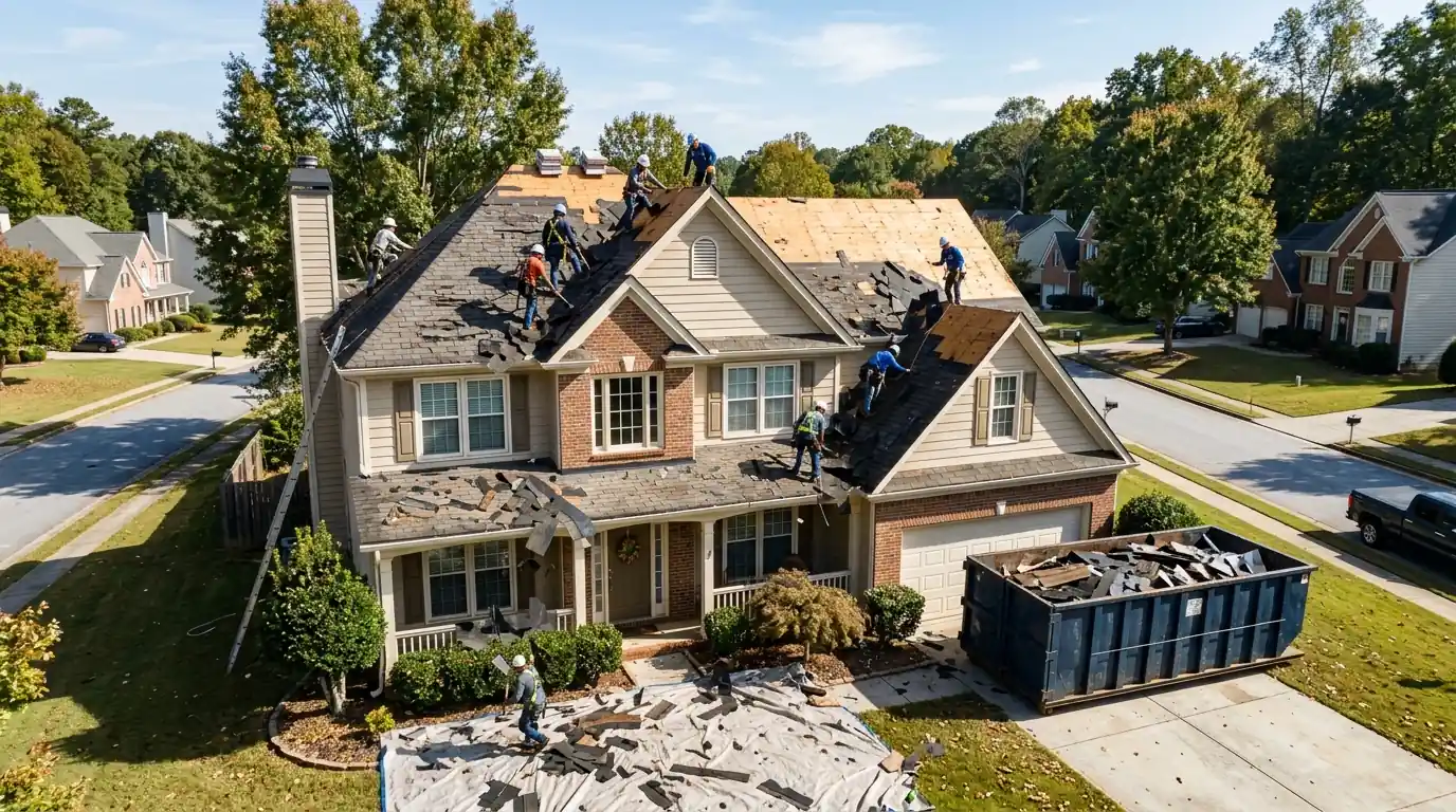 Crew tearing off an old shingle roof in a Lawrenceville subdivision