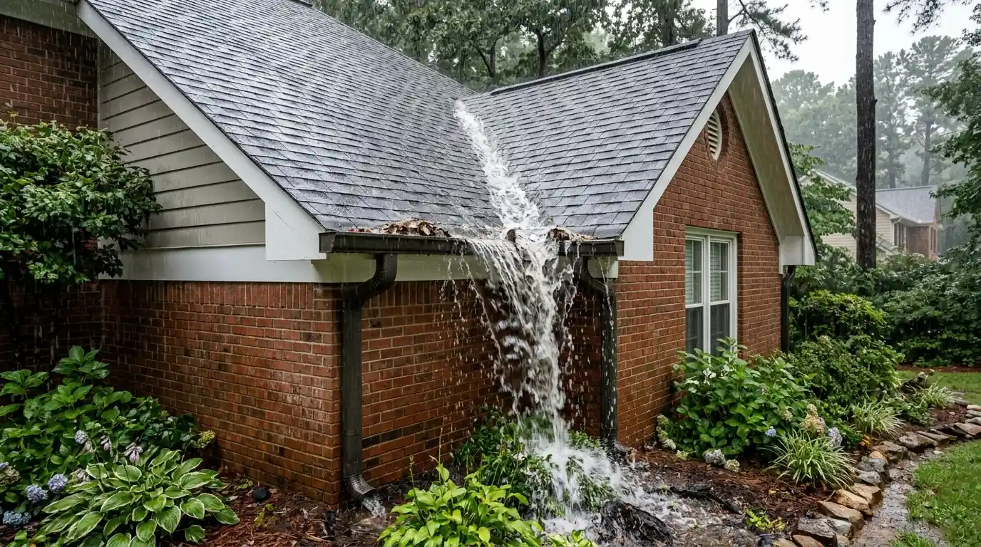 Gutter overflowing below a roof valley in a downpour