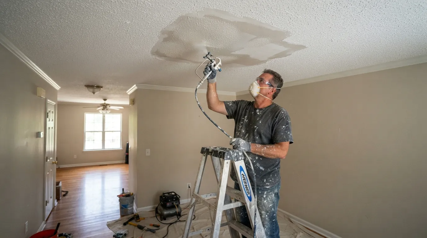 Knockdown texture being sprayed on a repaired ceiling patch