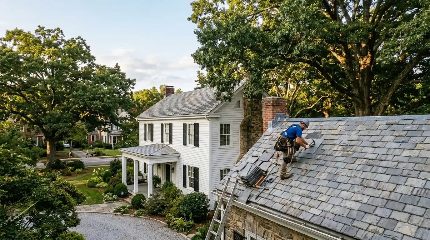 Roofer working on an old slate roof in Roswell's historic district