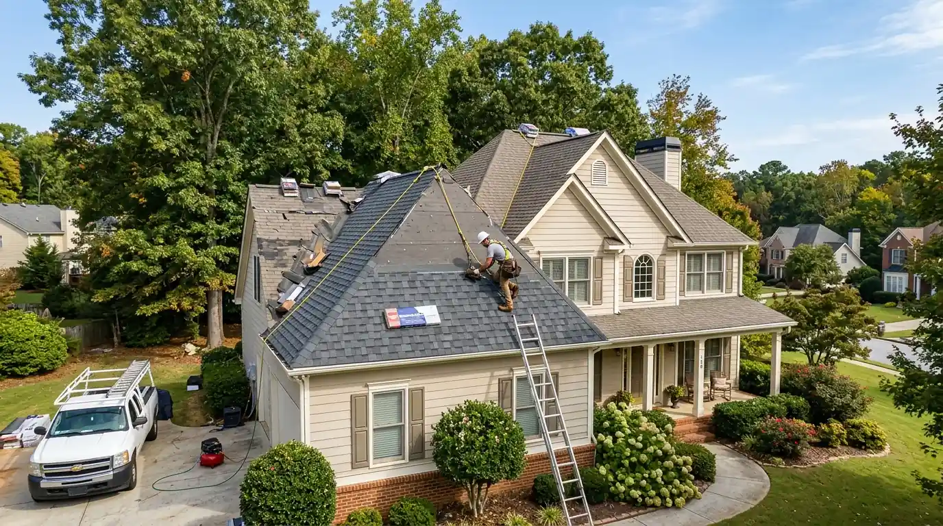 Roofer replacing shingles on a two-story home in Conyers